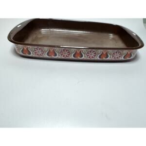 Vintage MCM Enamel Baking Pan w/ Painted Danish Tulip Pattern 12"x8"